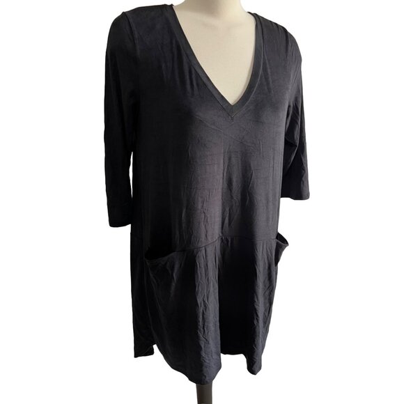 Peach Love Faux Suede Black Dress Sz Medium Womens 3/4 Sleeve Knee Length Pocket - Picture 4 of 10